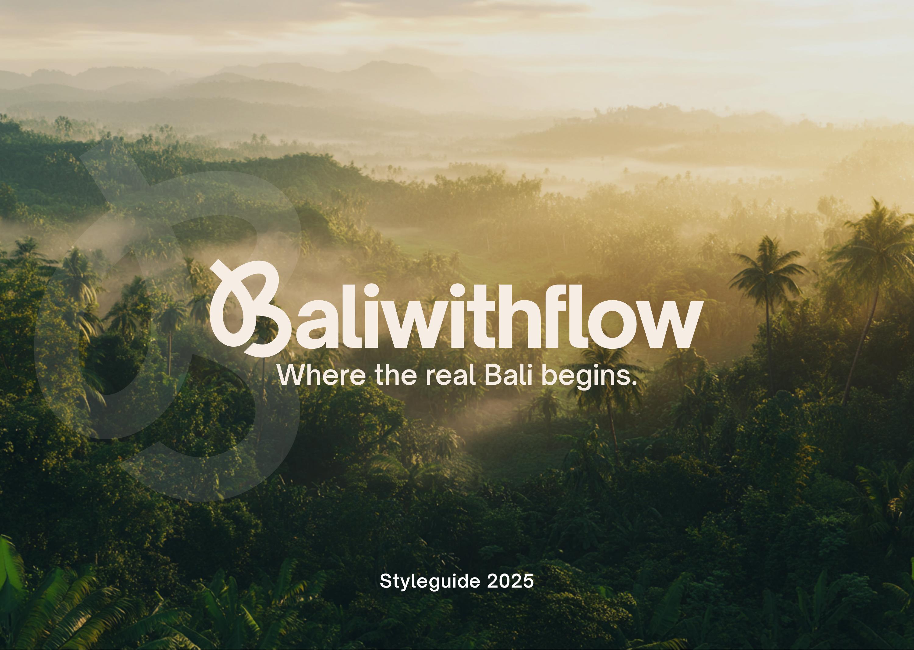 Baliwithflow styleguide cover, misty jungle canopy photo with the Baliwithflow wordmark