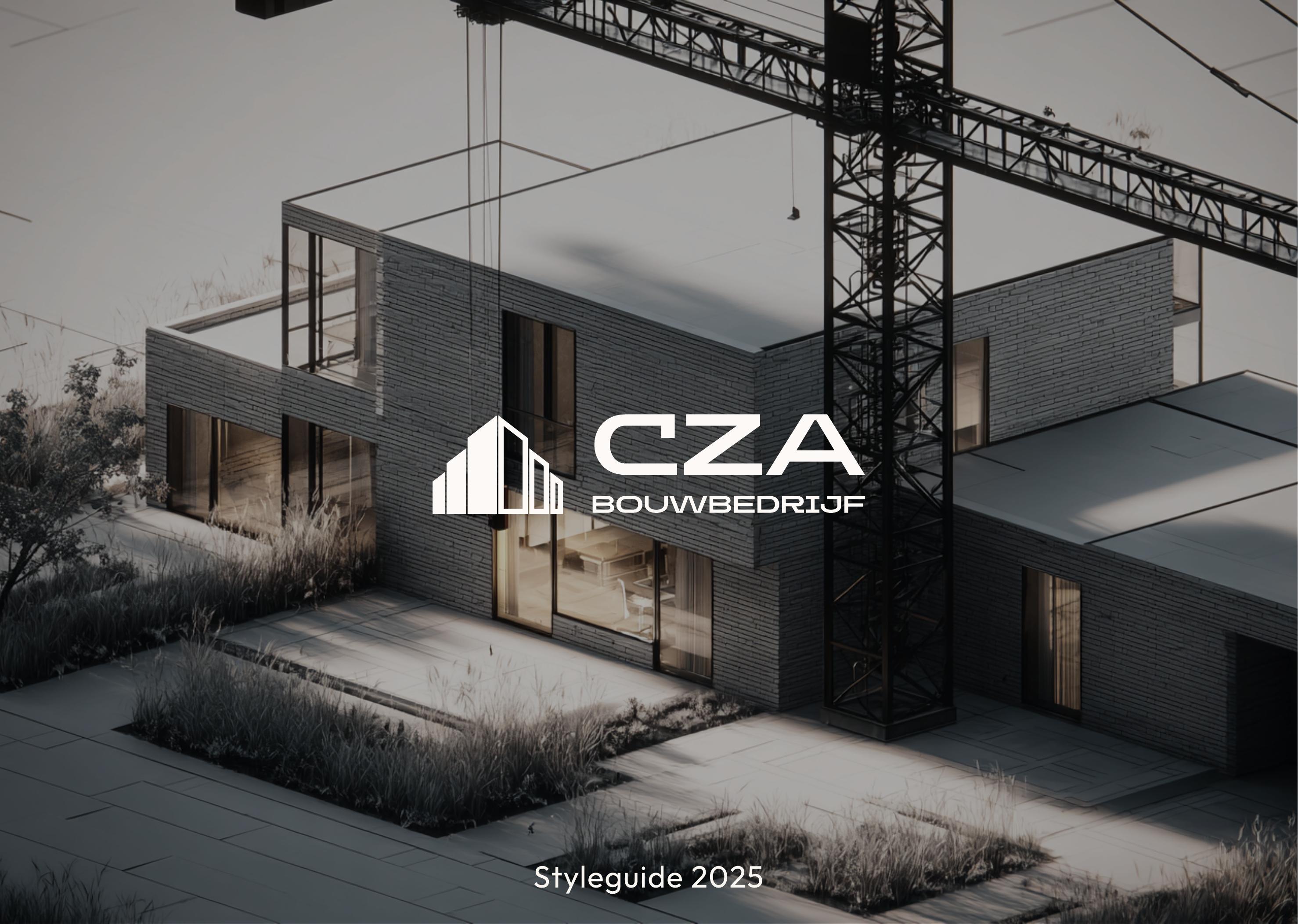 CZA Bouwbedrijf styleguide cover, construction site photo with logo overlay