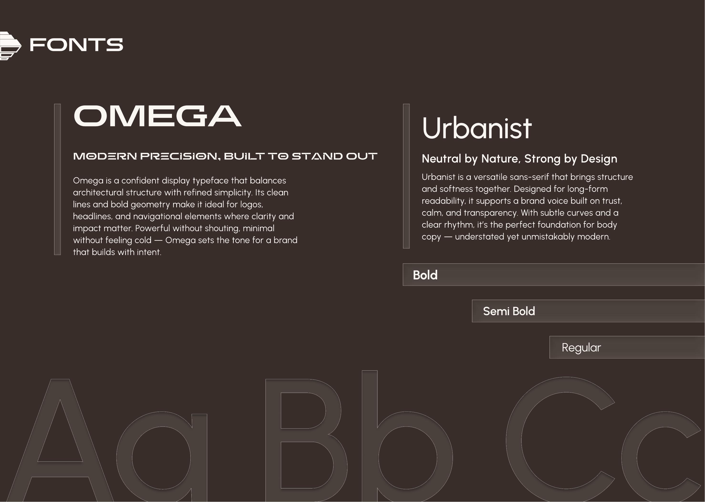 CZA Bouwbedrijf fonts page showing OMEGA and Urbanist