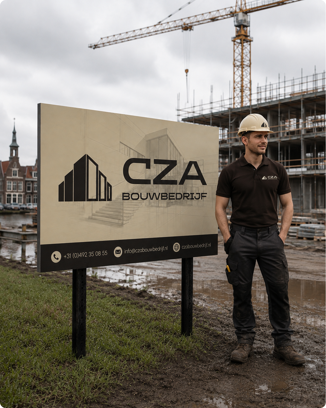 CZA Bouwbedrijf site sign with a foreman standing beside it on a construction site