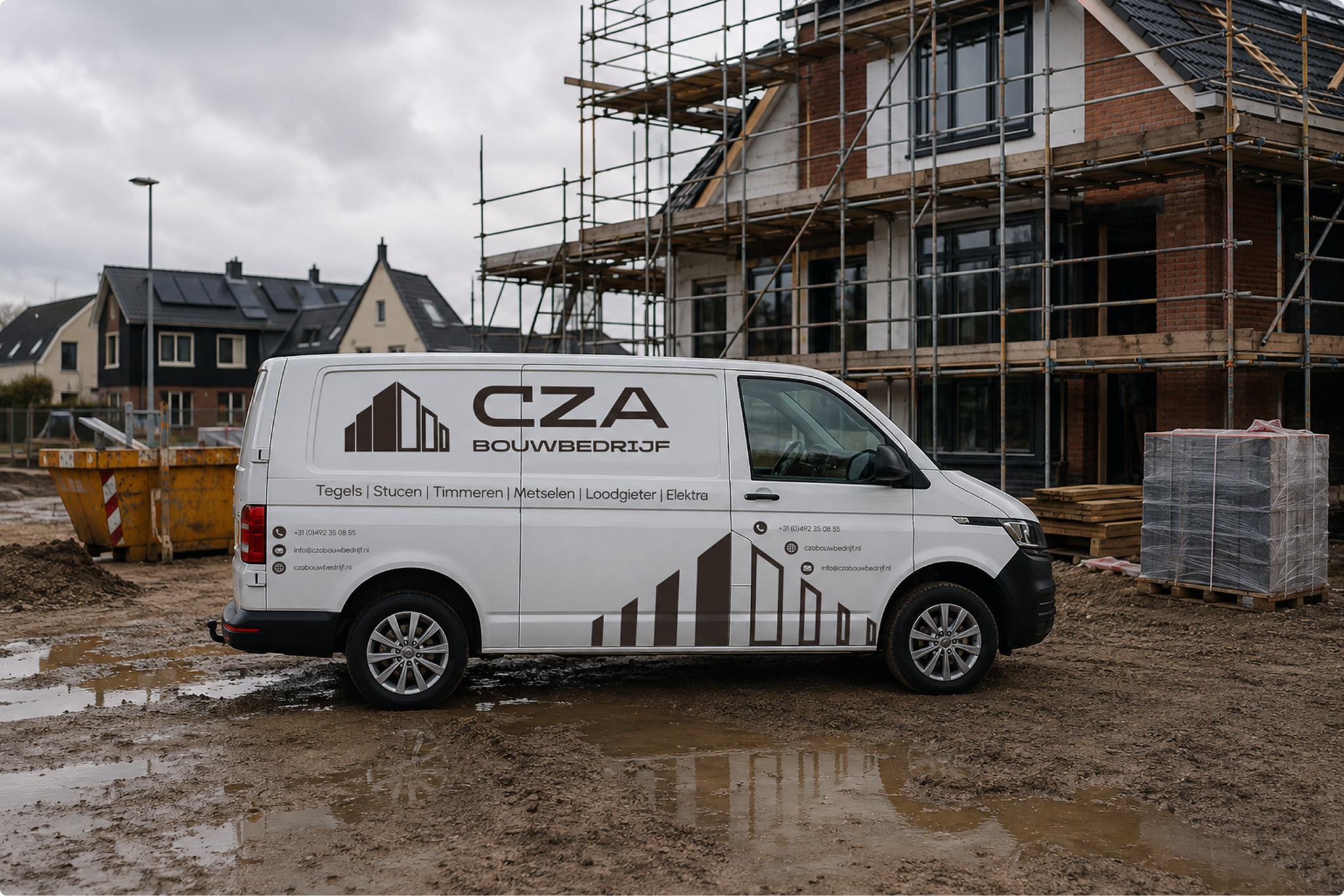CZA Bouwbedrijf branded van parked at a construction site