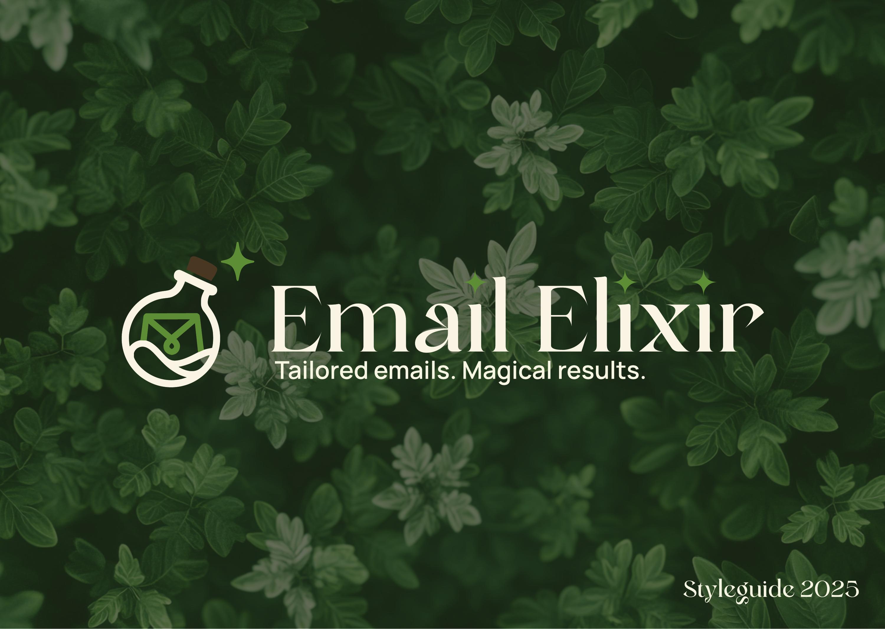 Email Elixir styleguide cover, leafy background with potion bottle and envelope icon