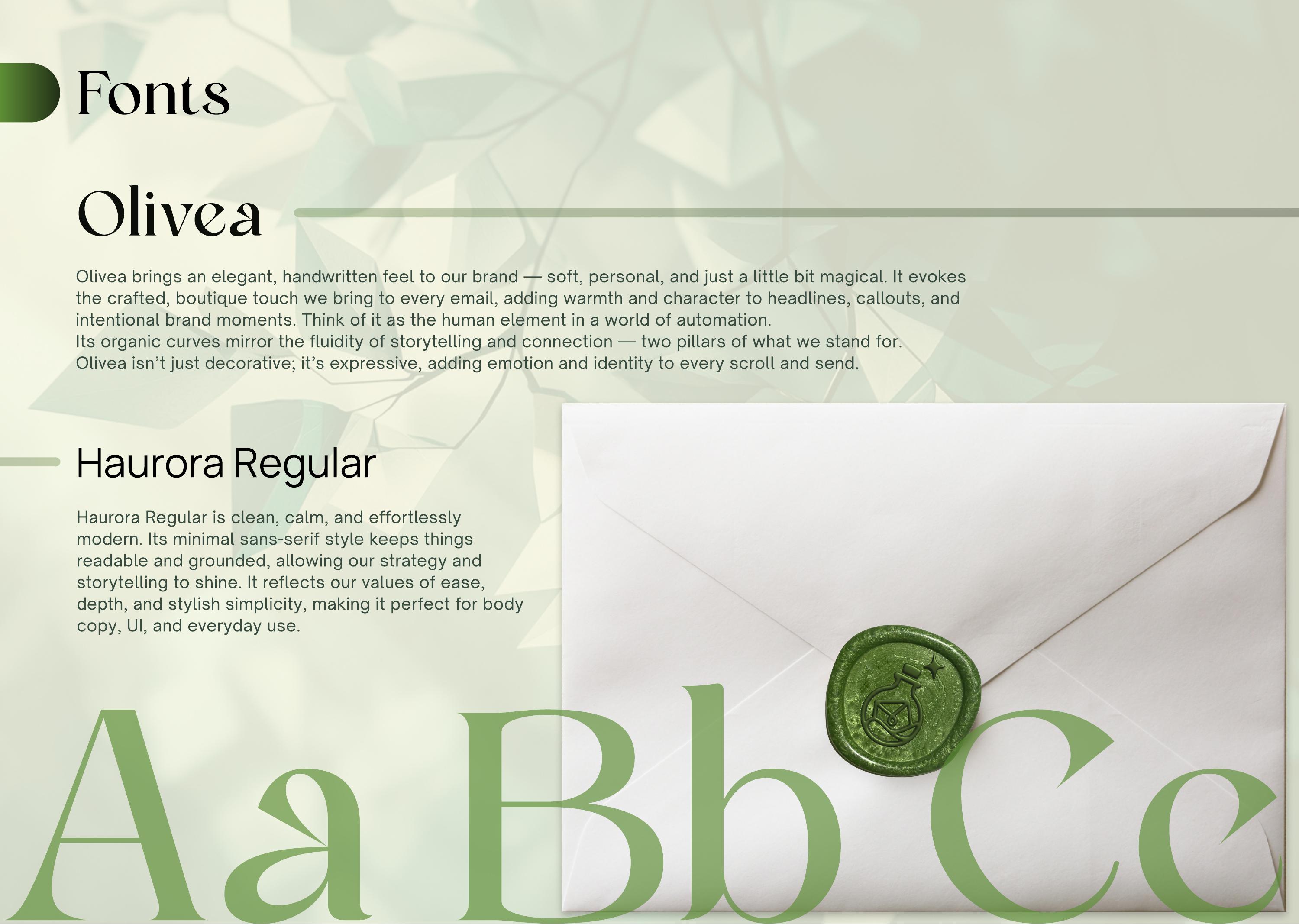 Email Elixir fonts page showing Olivea and Haurora Regular
