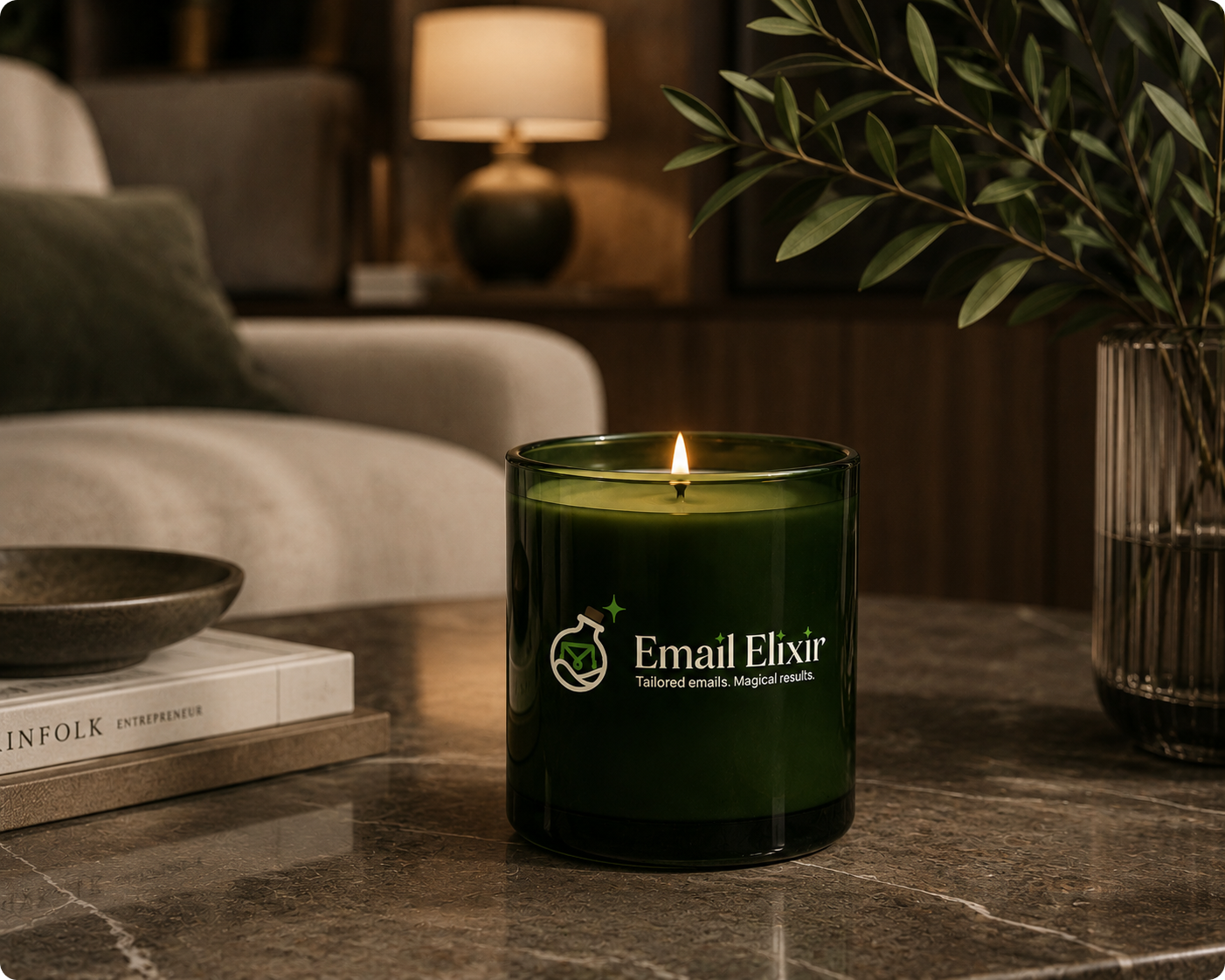 Email Elixir branded candle in a green glass jar, lit on a living room table