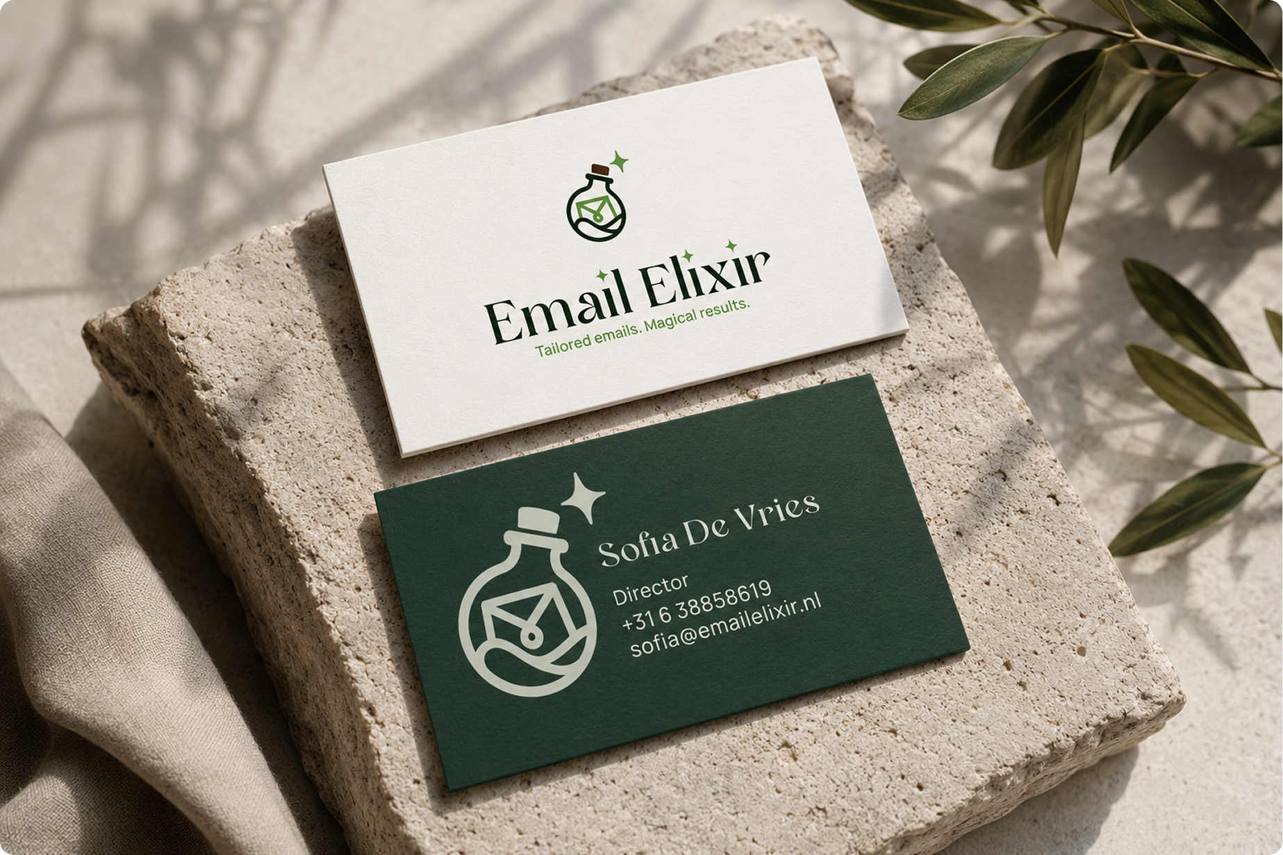 Email Elixir business cards for Sofia de Vries, director, front and back