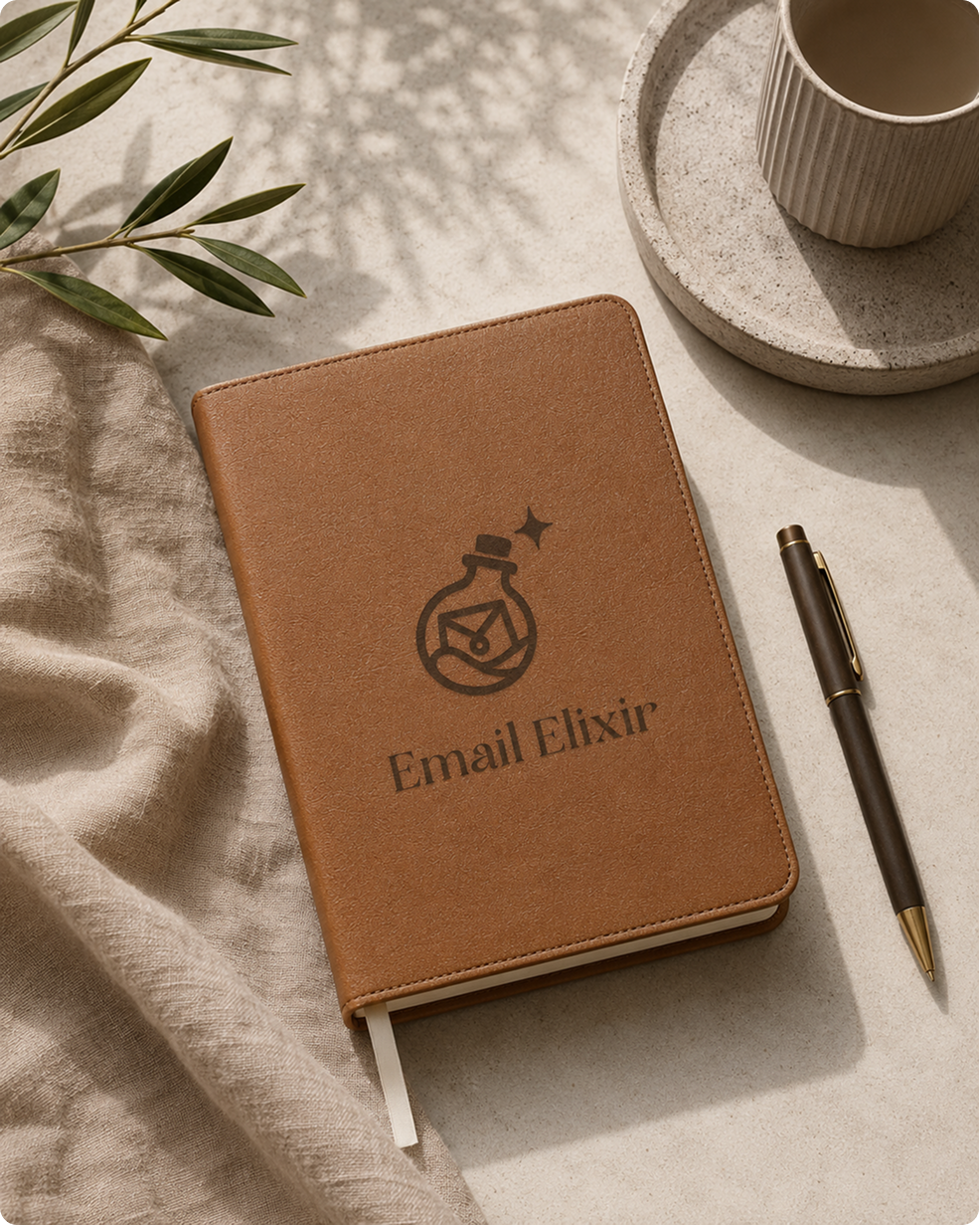 Email Elixir branded leather notebook and pen on a stone surface