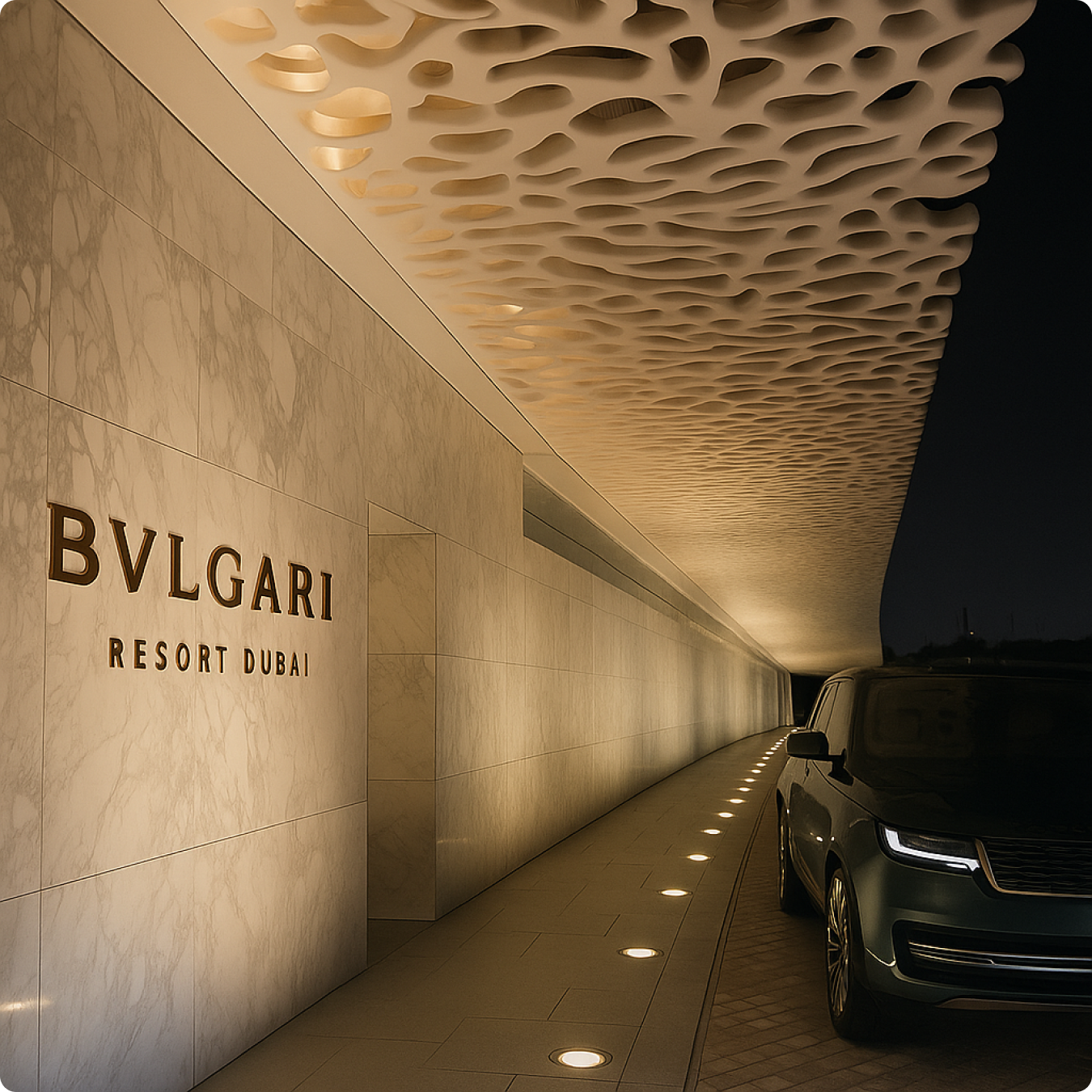 Bulgari Resort Dubai entrance at night with a private car arriving
