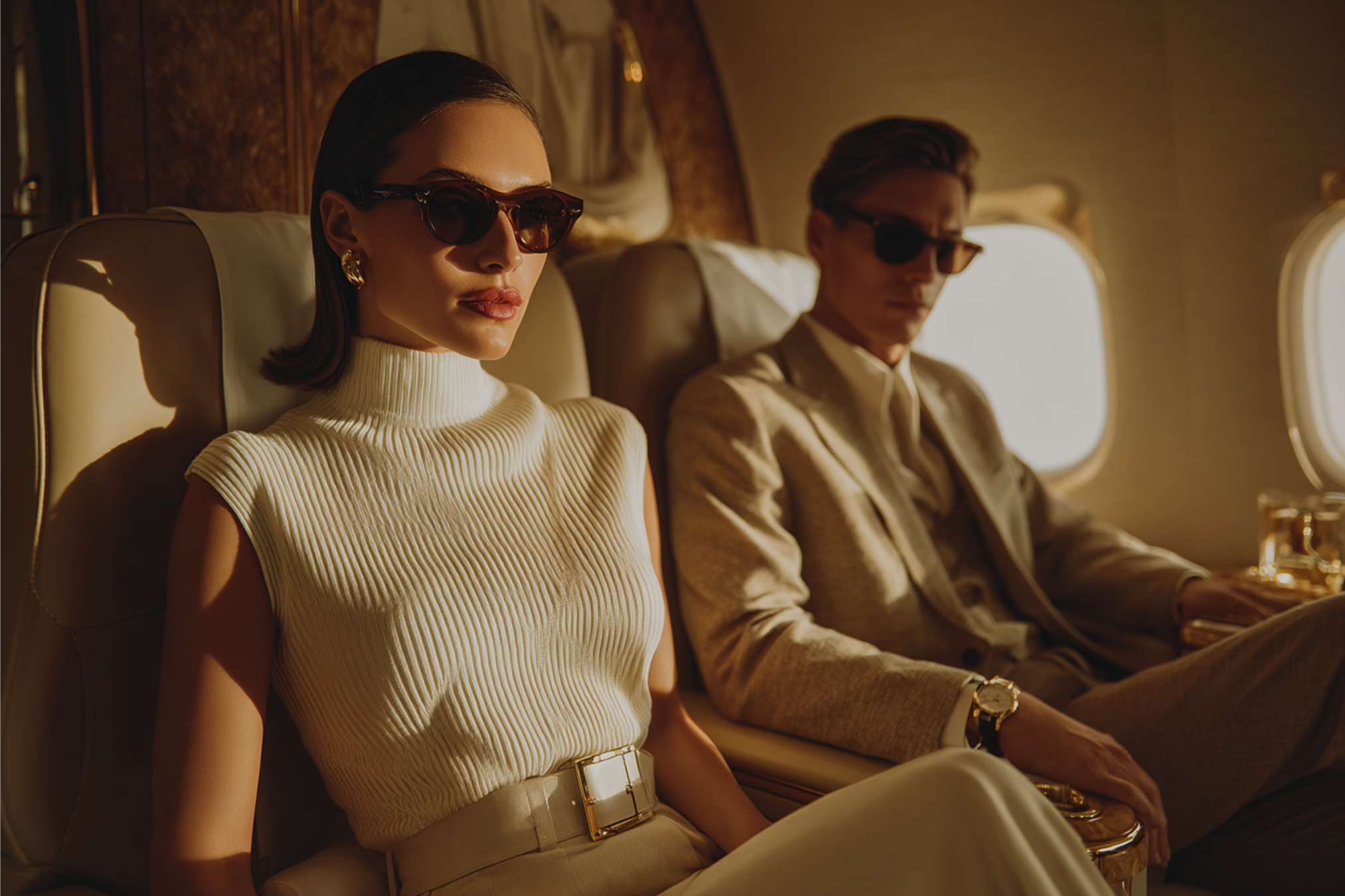 Two passengers in dark sunglasses seated in a private jet cabin