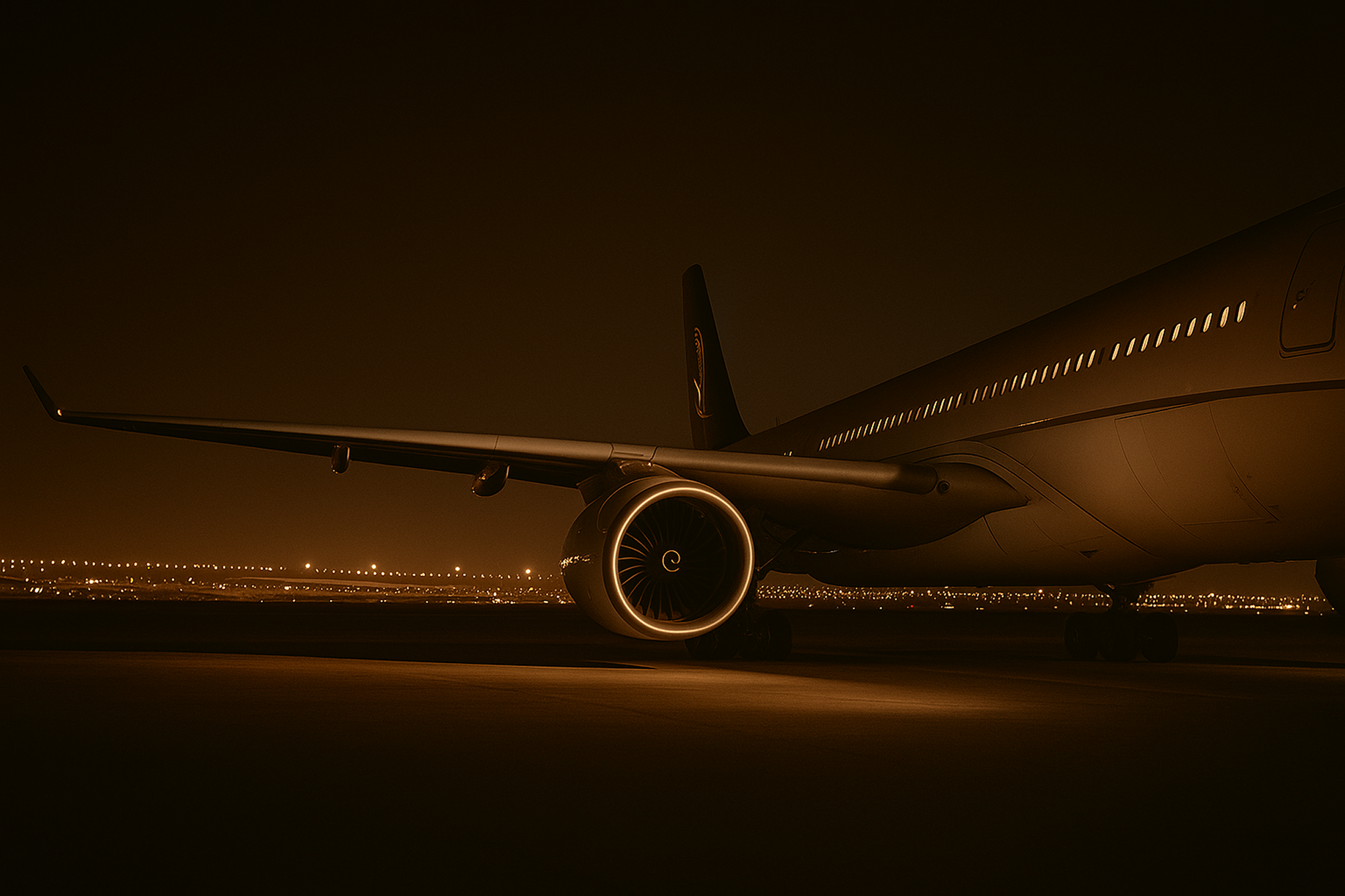 Private jet wing and engine on a runway at night