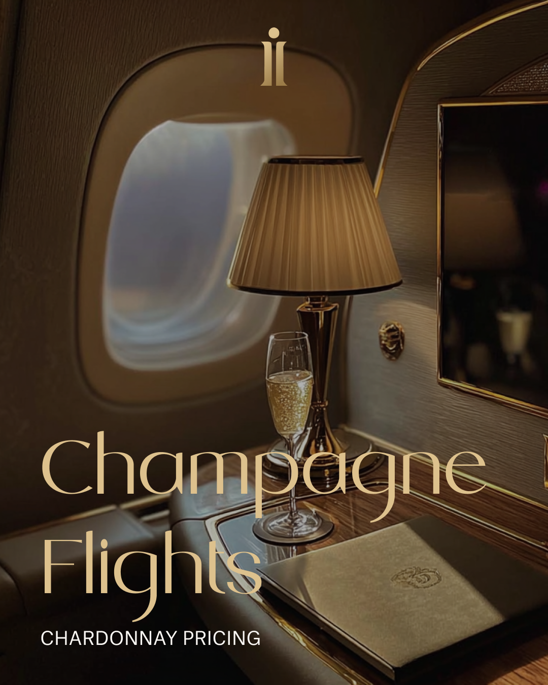 Instagram post: Champagne Flights, chardonnay pricing, first class cabin table with champagne