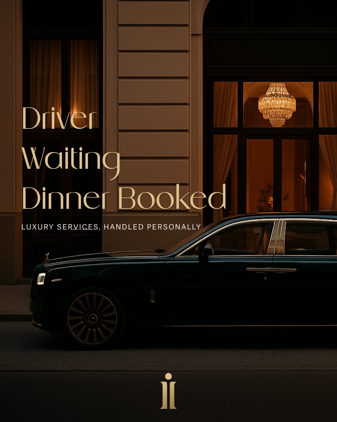 Instagram post: Driver waiting, dinner booked, luxury services handled personally, Rolls-Royce outside a hotel
