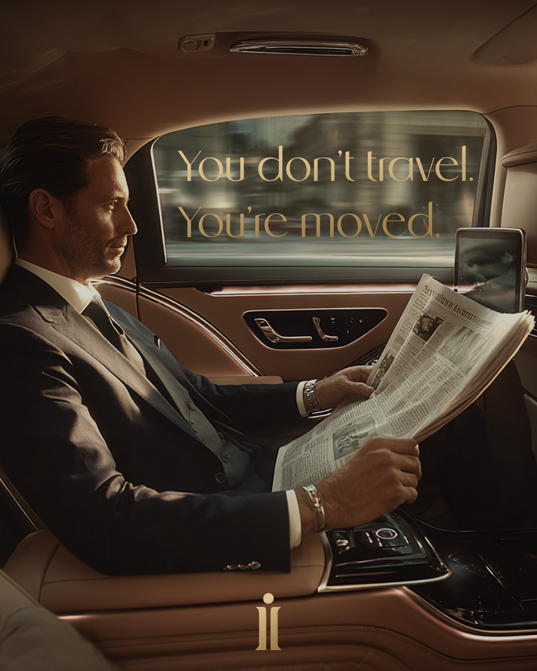 Instagram post: You don't travel, you're moved, man reading a newspaper in a chauffeured car