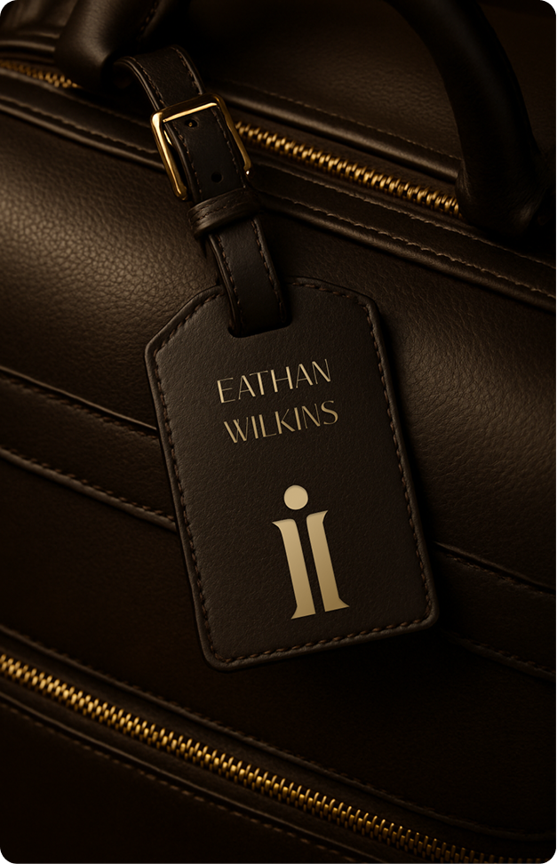 IOnlyBookVIP branded leather luggage tag on a client's bag