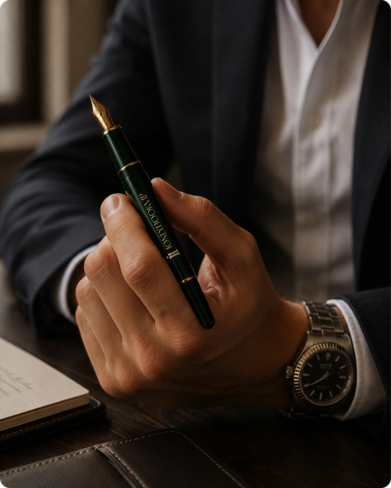 IOnlyBookVIP branded fountain pen held over a leather desk journal