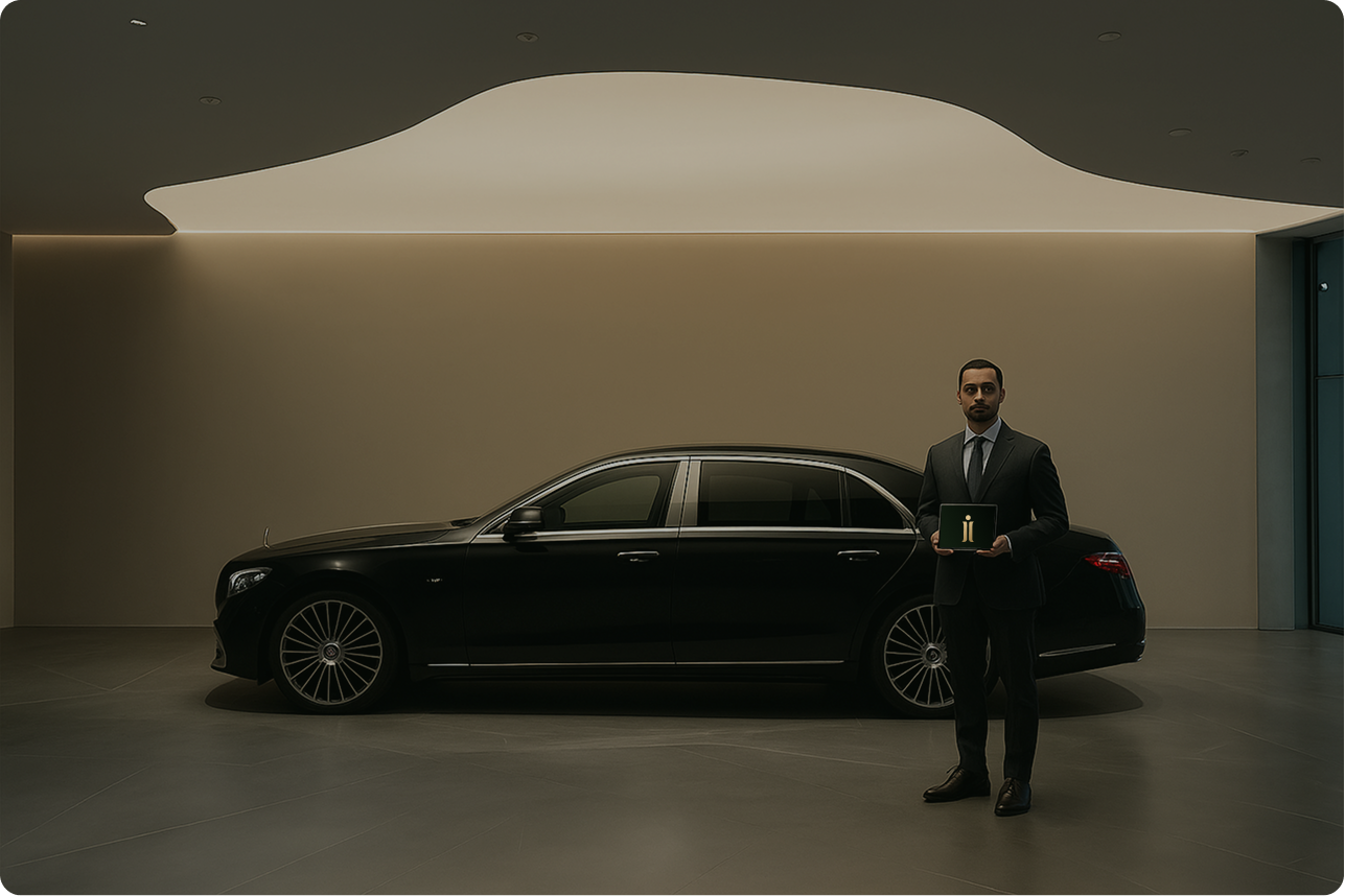 Concierge standing beside a private car, ready for pick up