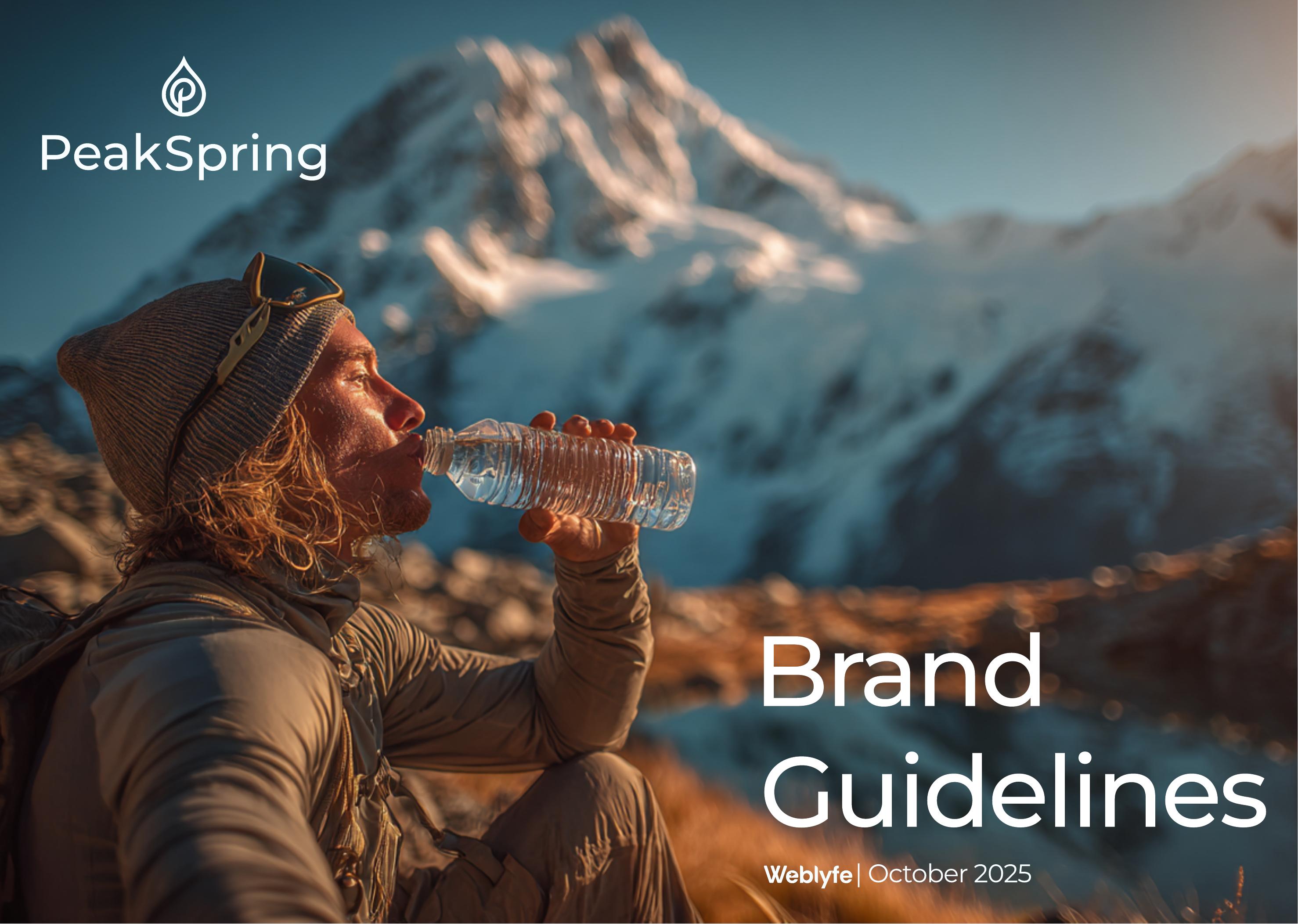 PeakSpring Brand Guidelines cover, hiker drinking water with a mountain backdrop