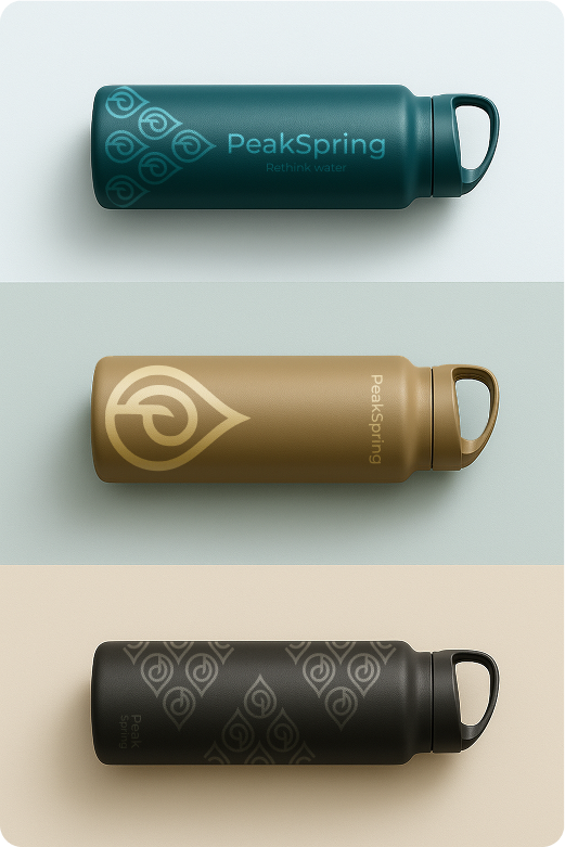 PeakSpring bottle packaging in three colourways: teal, Cedar Dust gold, and Summit Stone black