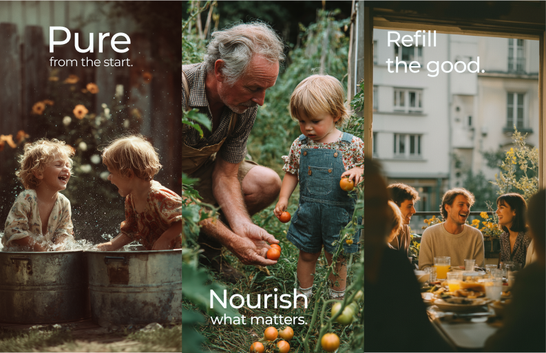 PeakSpring family art direction moodboard: Pure from the start, Nourish what matters, Refill the good