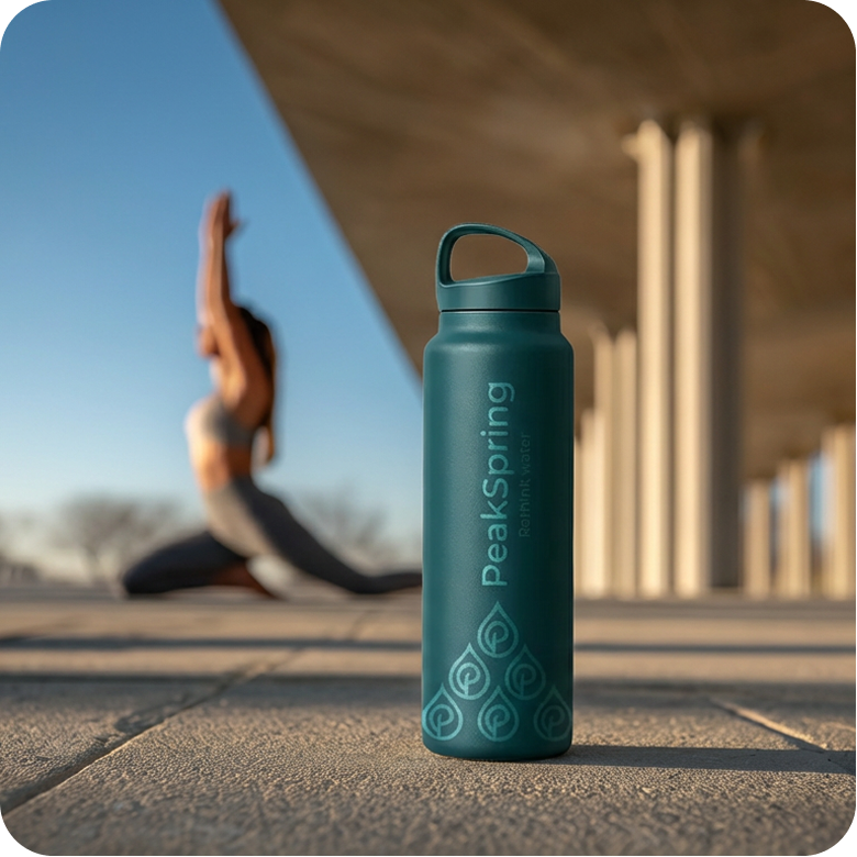 PeakSpring bottle standing outdoors with a yoga practitioner in the background