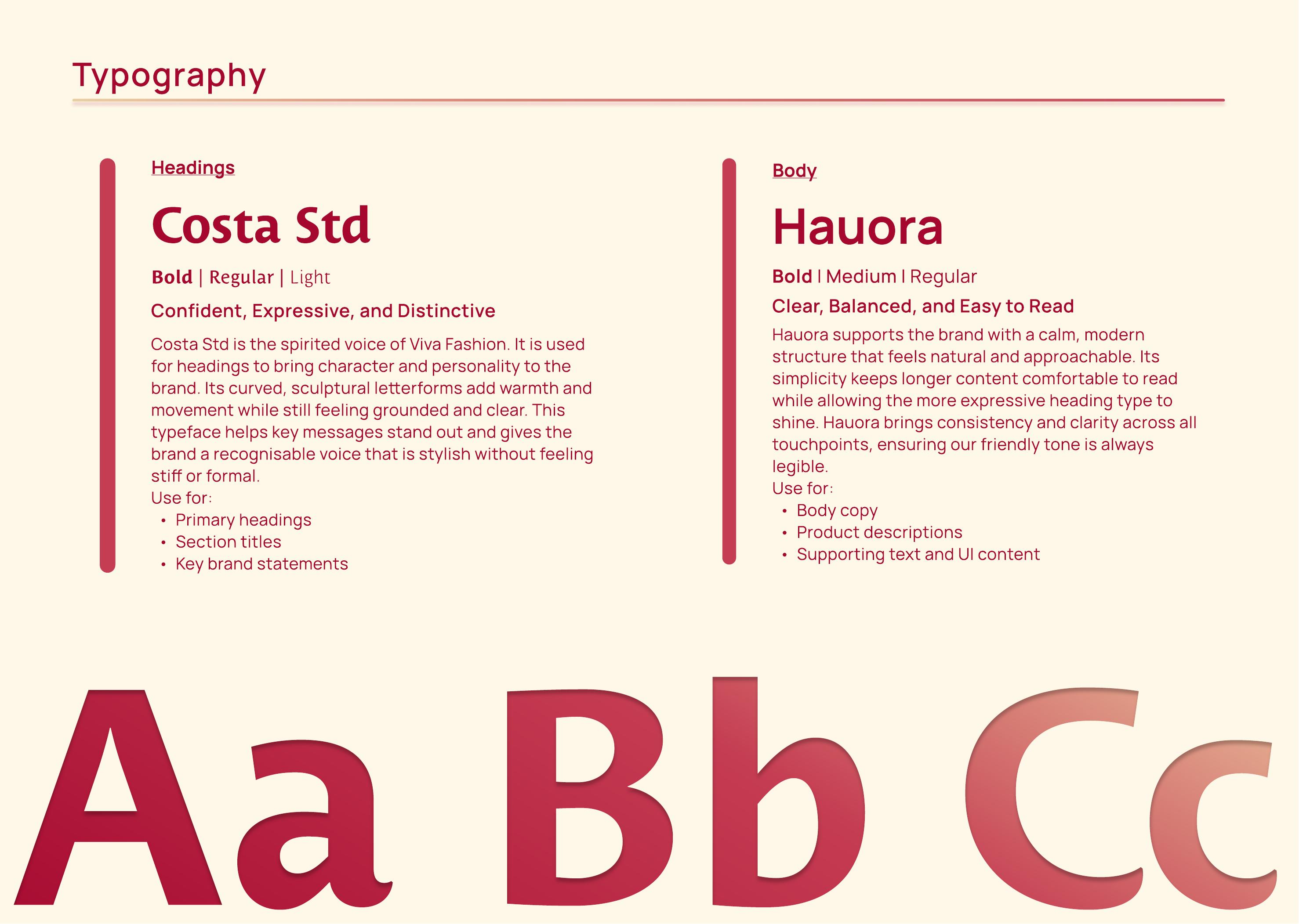 Viva Fashion typography page showing Costa Std and Hauora