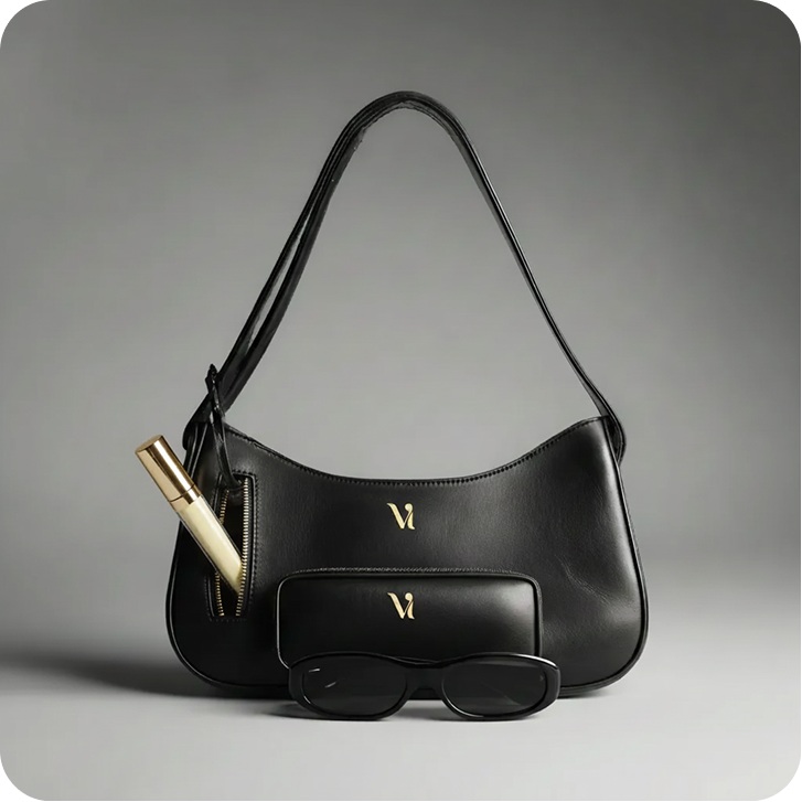 Black Viva Fashion handbag with gold V hardware, sunglasses and lipstick beside it