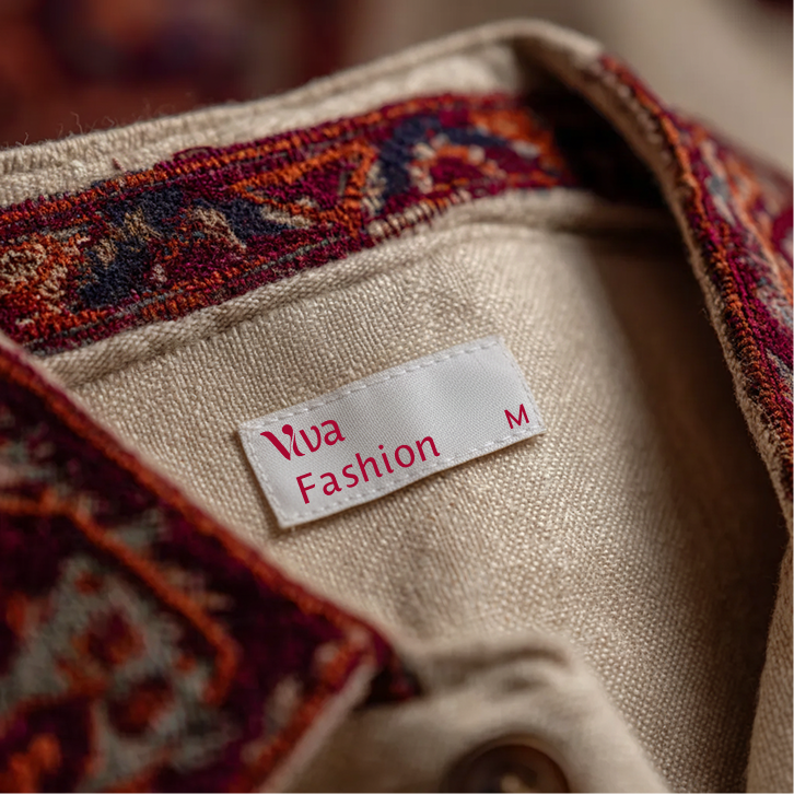 Viva Fashion garment label stitched into a patterned jacket, size M