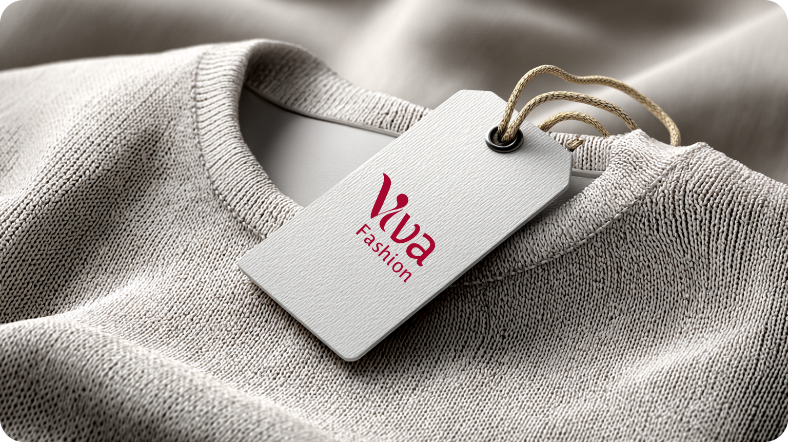 Viva Fashion swing tag on a knit sweater, red script logo on cream card stock