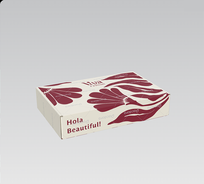 Viva Fashion mailer box with a red floral pattern, logo, and Hola Beautiful printed on the front edge