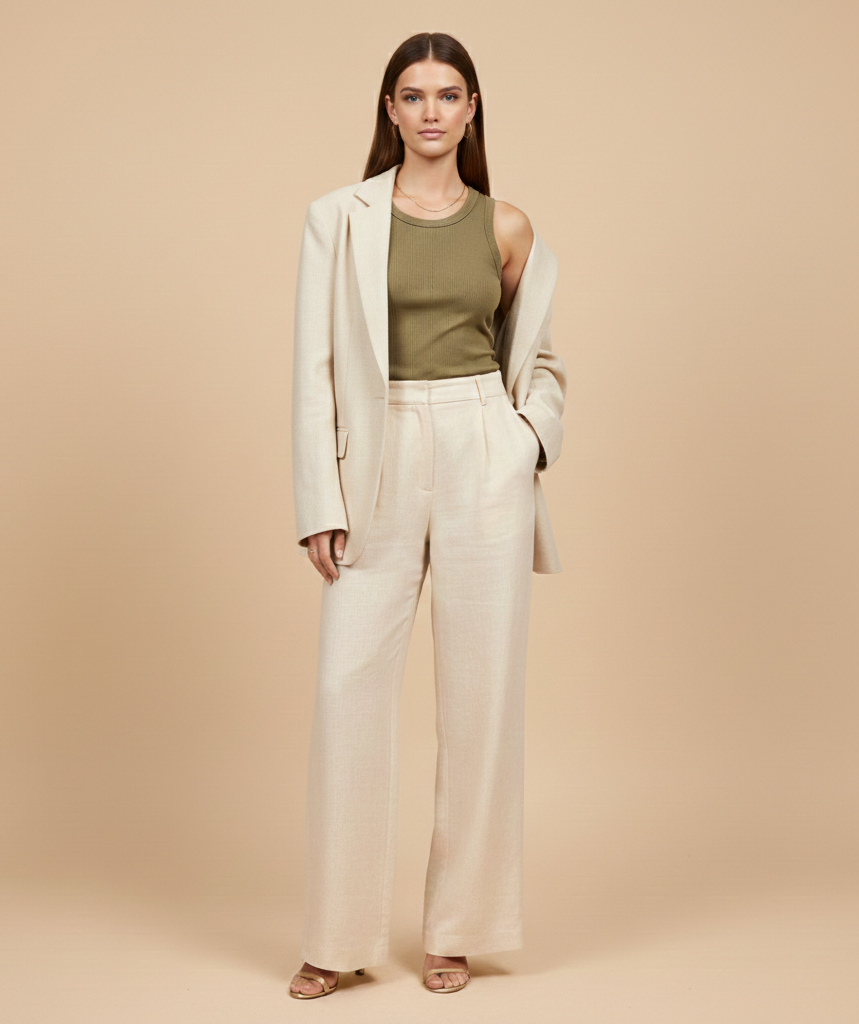 AI-generated product photography: olive tank top with a cream tailored blazer and trousers
