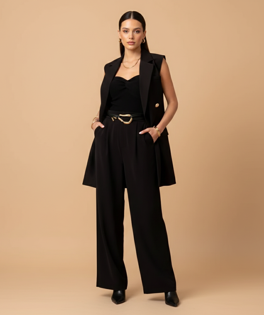 AI-generated product photography: black sleeveless top with wide trousers and a gold buckle belt