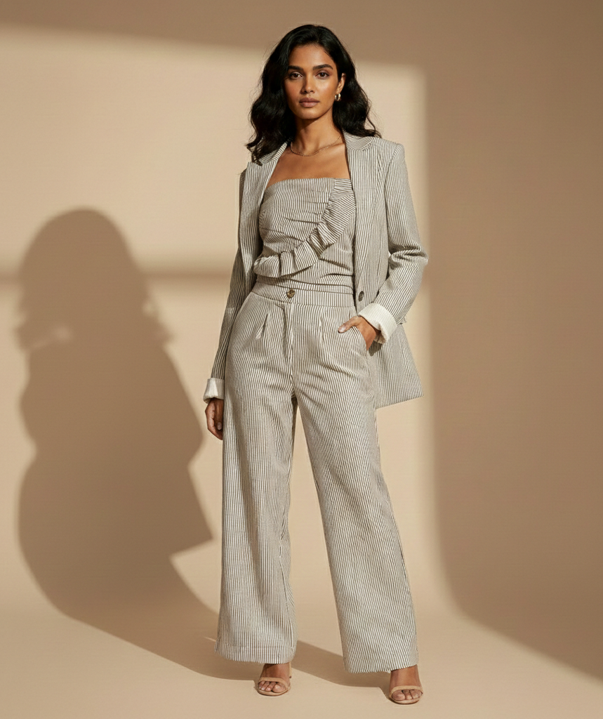 AI-generated product photography: light pinstripe blazer and matching trousers
