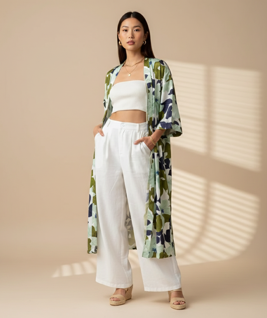 AI-generated product photography: floral kimono duster layered over a white top and trousers