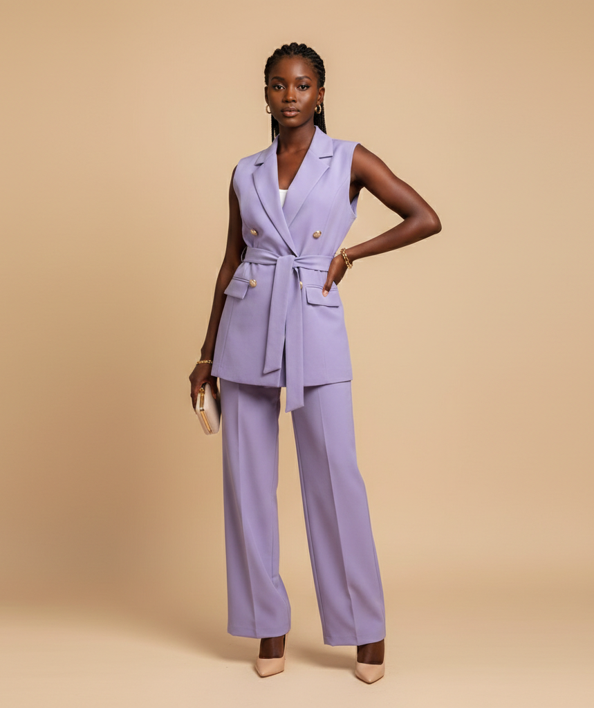 AI-generated product photography: lavender tailored vest and matching wide-leg trousers