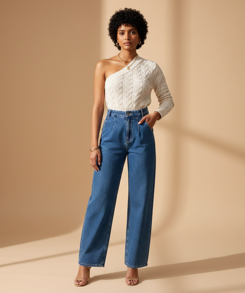 AI-generated product photography: cream cable-knit one-shoulder top with wide-leg denim jeans