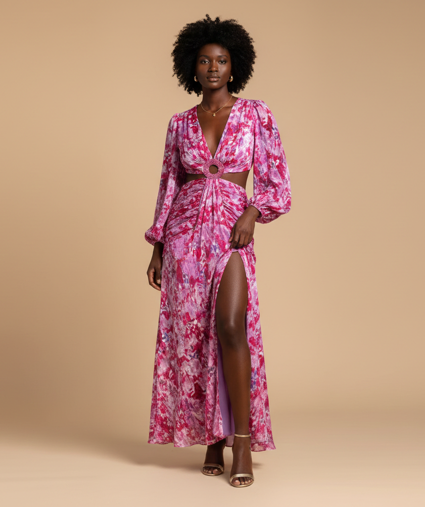 AI-generated product photography: pink floral wrap maxi dress with a front slit