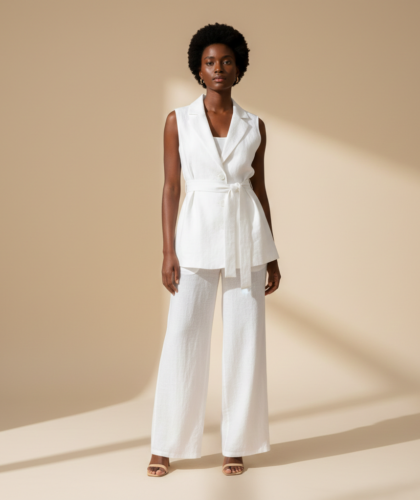 AI-generated product photography: white sleeveless linen vest and trousers