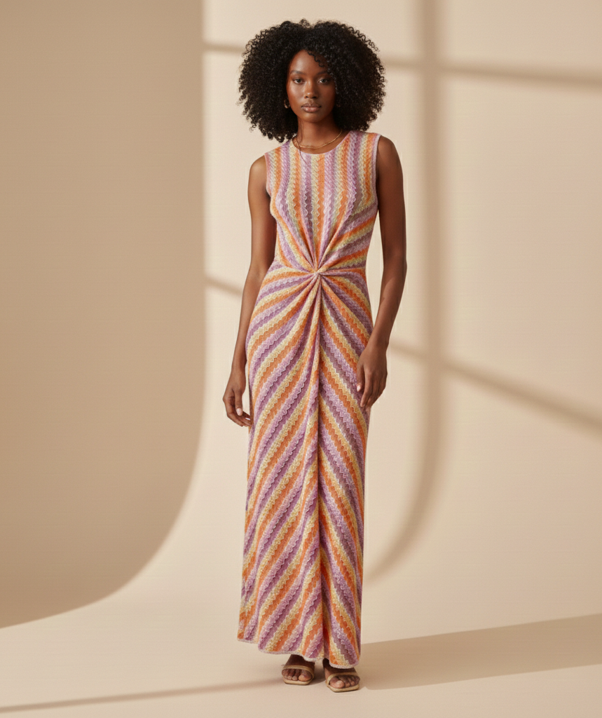 AI-generated product photography: pink and orange striped ribbed-knit maxi dress