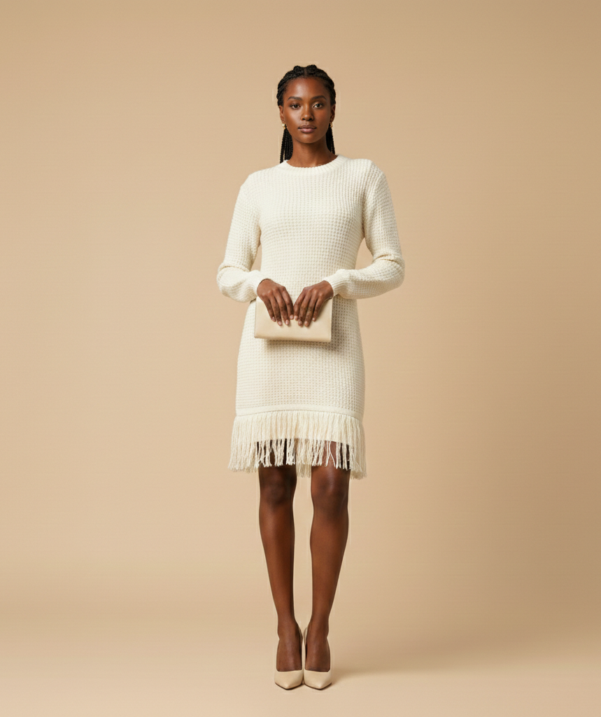 AI-generated product photography: cream long-sleeve knit dress with a fringe hem