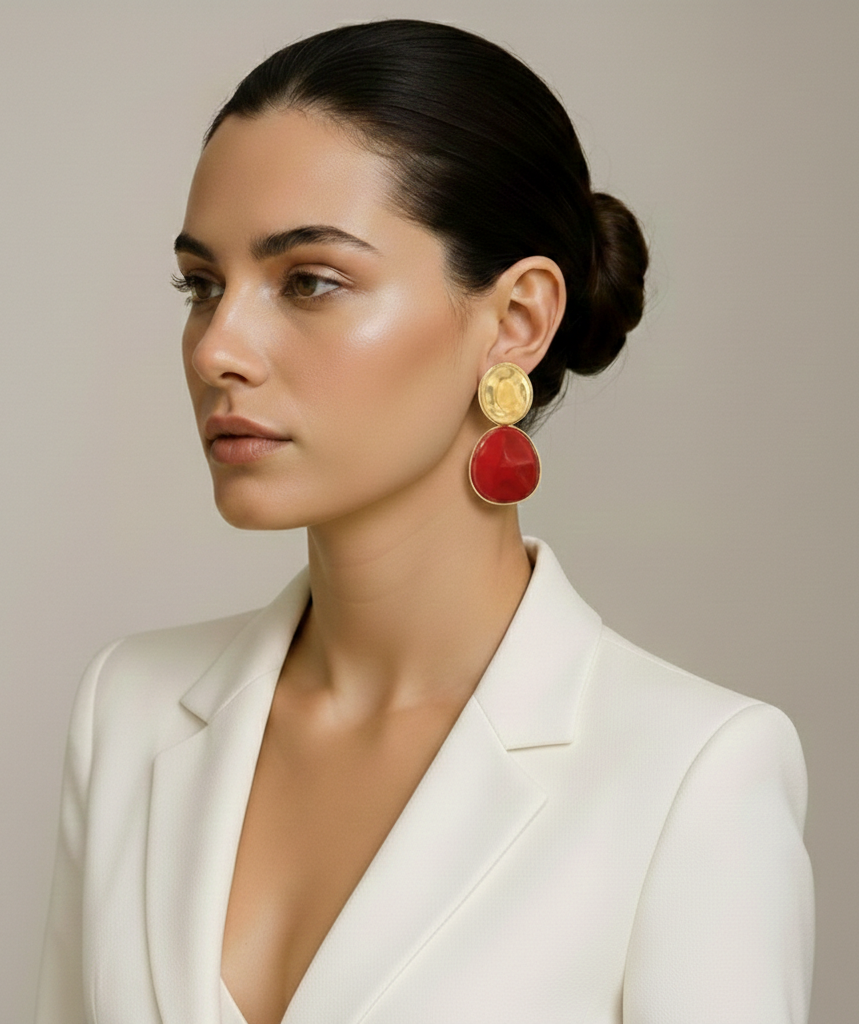 AI-generated product photography: red drop earrings, worn with a white blazer