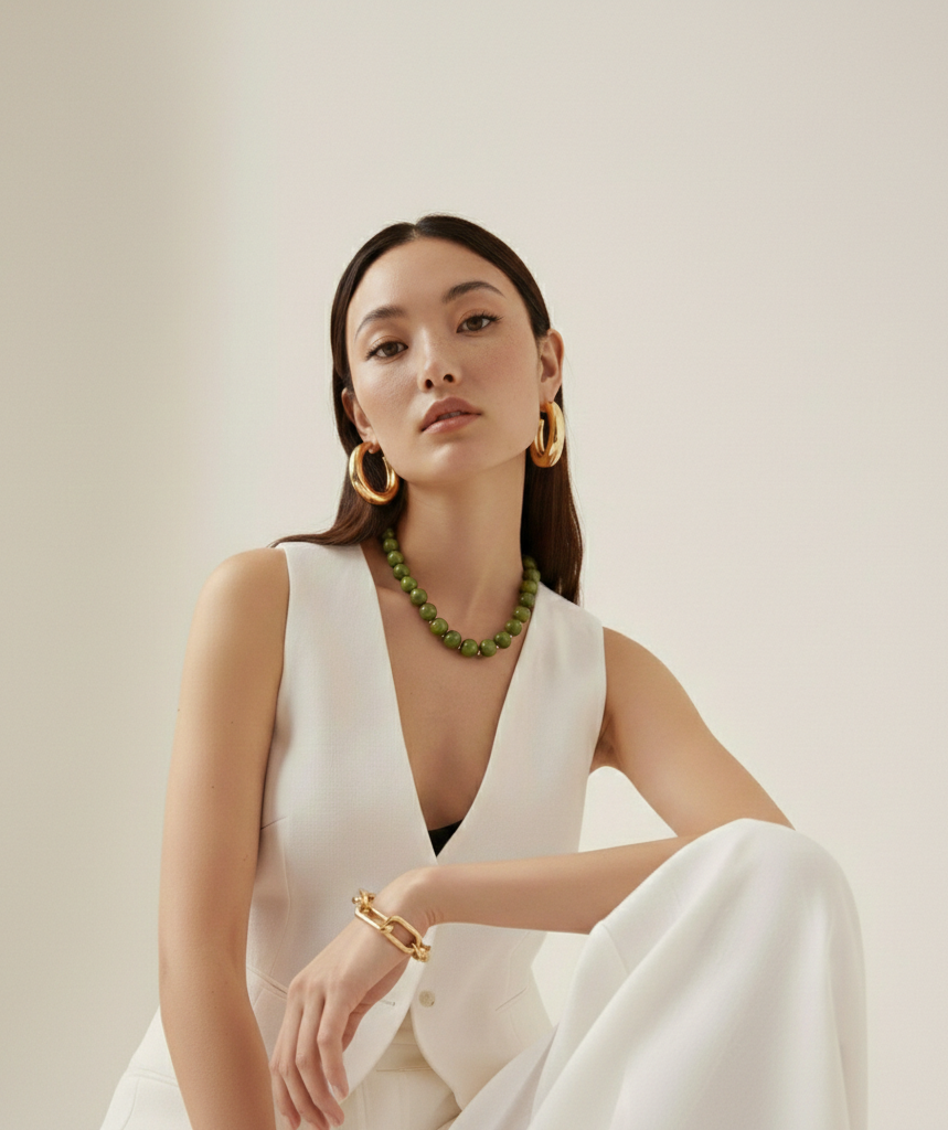 AI-generated product photography: layered green and gold beaded necklace with matching earrings