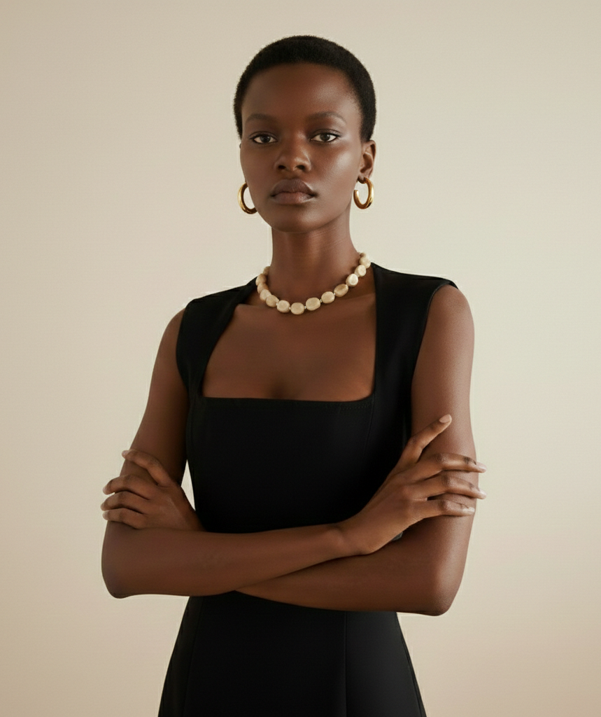 AI-generated product photography: beaded pearl necklace worn with a black square-neck top