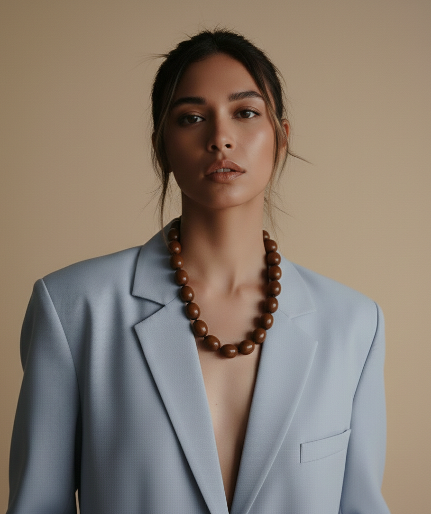 AI-generated product photography: wooden bead necklace worn with a light blue blazer