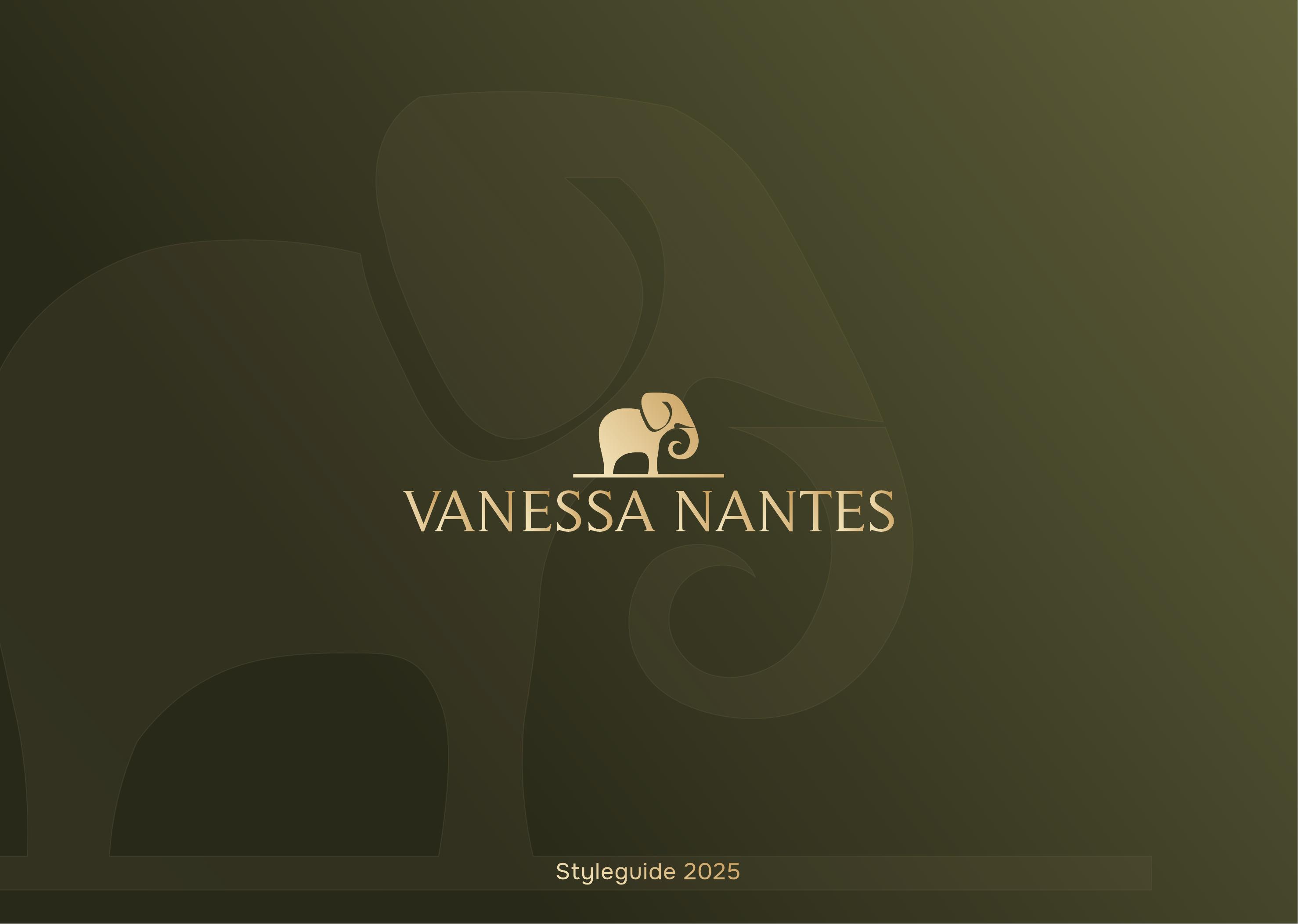 Vanessa Nantes styleguide cover, elephant brandmark on an olive gradient background