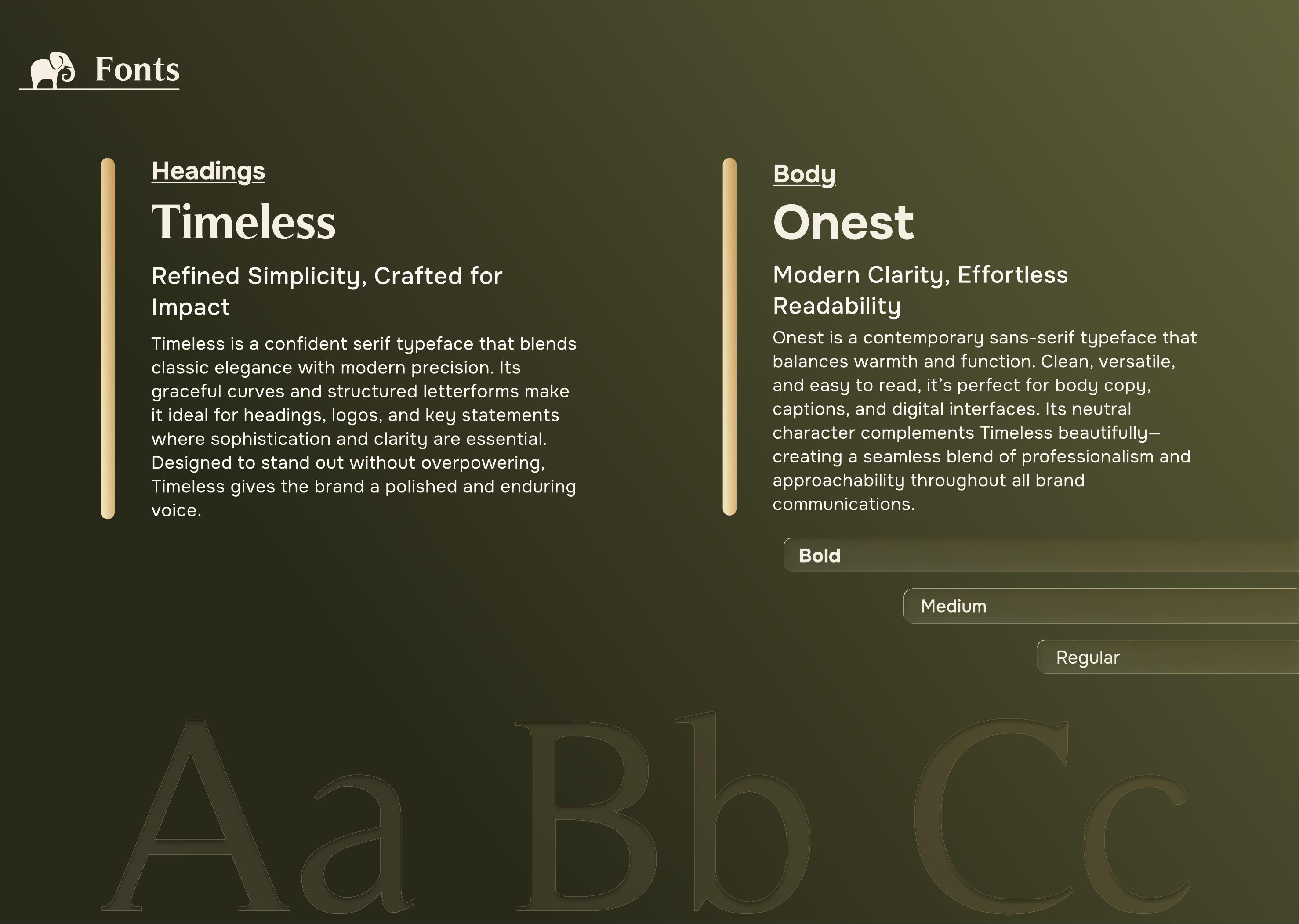 Vanessa Nantes fonts page showing Timeless and Onest typefaces