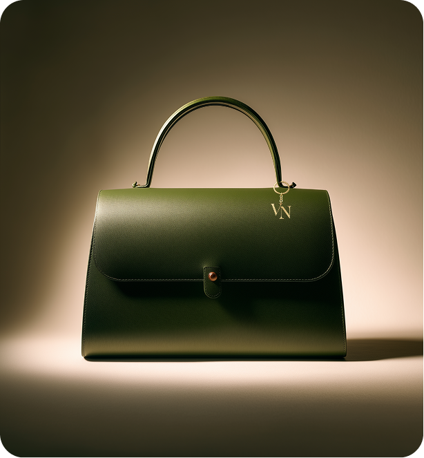 Vanessa Nantes olive leather handbag with a gold VN monogram, studio lit