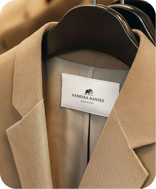 Vanessa Nantes garment label stitched into a tan wool coat on a hanger