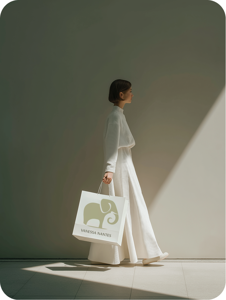 Woman in white carrying a Vanessa Nantes shopping bag with the elephant brandmark