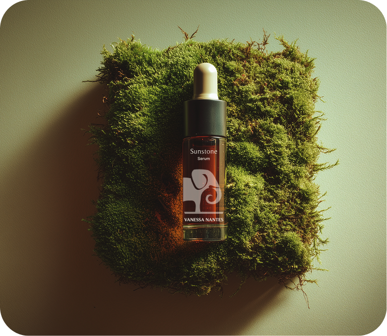 Vanessa Nantes Sunstone serum bottle resting on a bed of moss