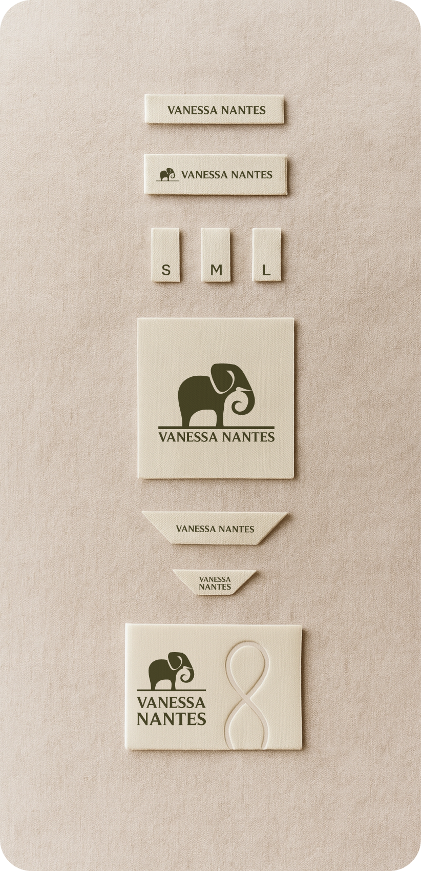 Vanessa Nantes woven tags, size labels, and debossed leather patches in cream and olive