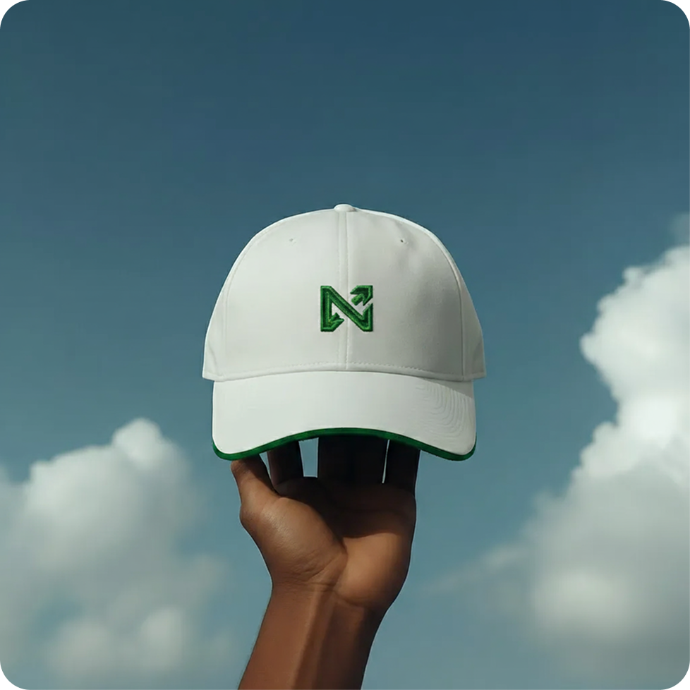 Van Straaten Trading white cap with an embroidered N brandmark, held up against a blue sky